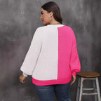 Plus Size Women Clothing Autumn Winter Ladies Top Pullover Woven Shirt Heart Shaped Multi Part Contrast Color Sweater
