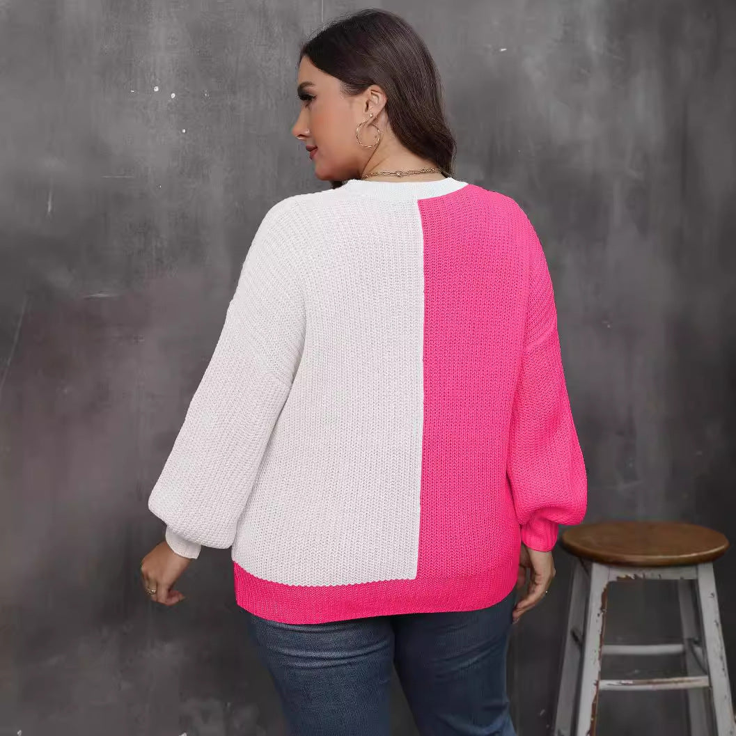Plus Size Women Clothing Autumn Winter Ladies Top Pullover Woven Shirt Heart Shaped Multi Part Contrast Color Sweater