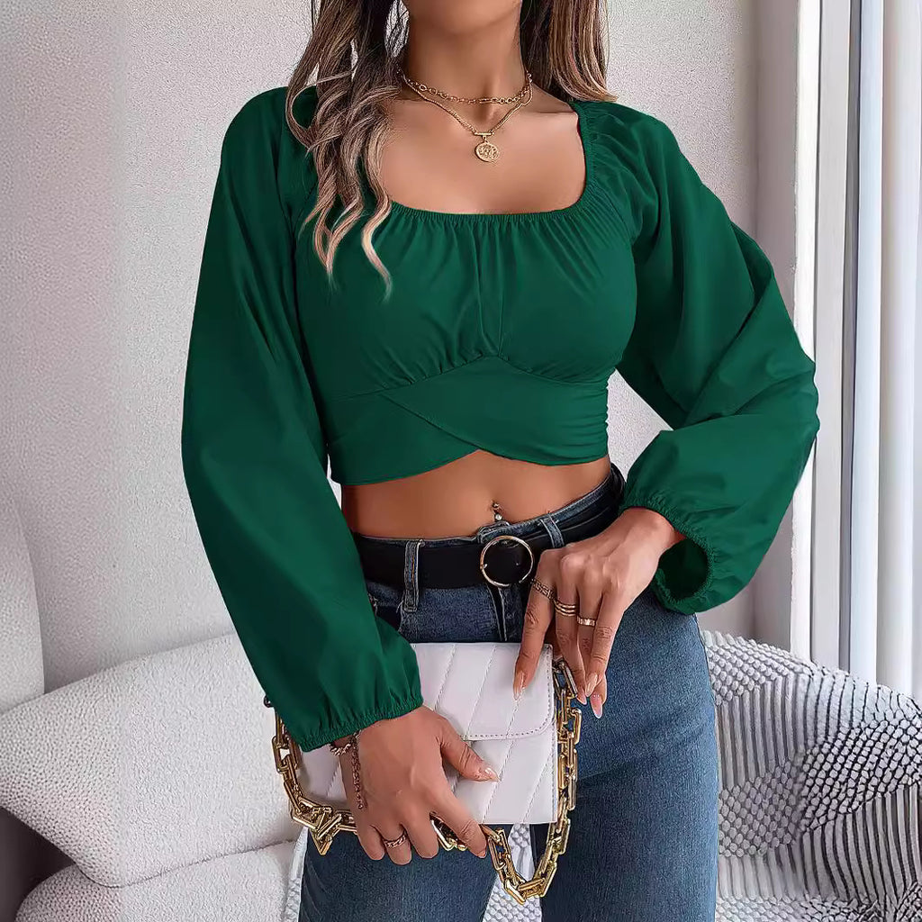 Women's Spring Summer Casual Lantern Sleeve Lace Up Waist Chiffon Shirt Cropped Top Women Clothing
