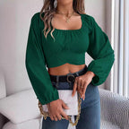 Women's Spring Summer Casual Lantern Sleeve Lace Up Waist Chiffon Shirt Cropped Top Women Clothing