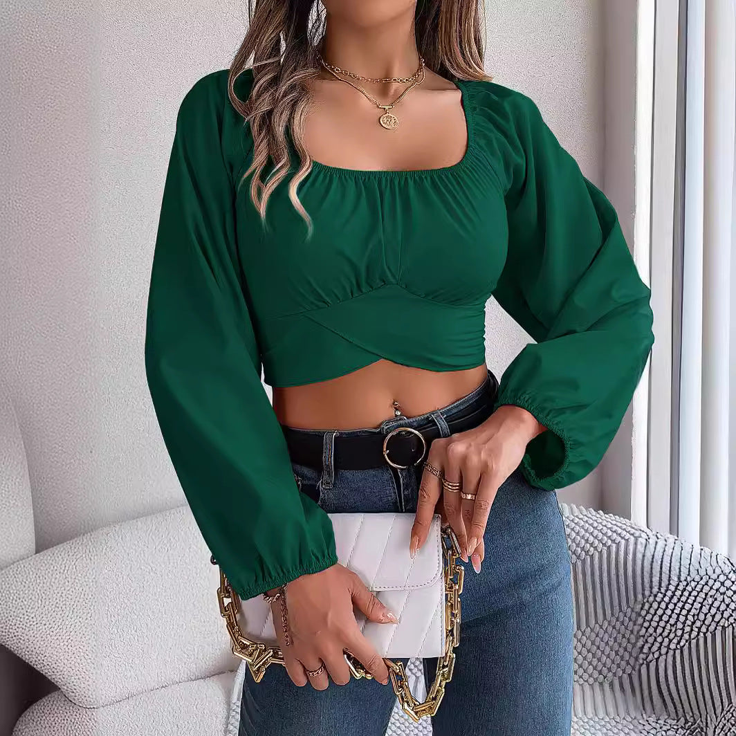 Women's Spring Summer Casual Lantern Sleeve Lace Up Waist Chiffon Shirt Cropped Top Women Clothing