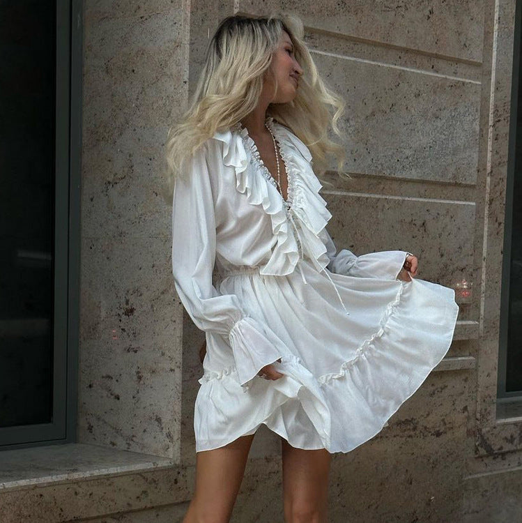 Pleated Bell-Sleeve Ruffle Dress