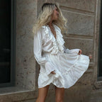 Pleated Bell-Sleeve Ruffle Dress