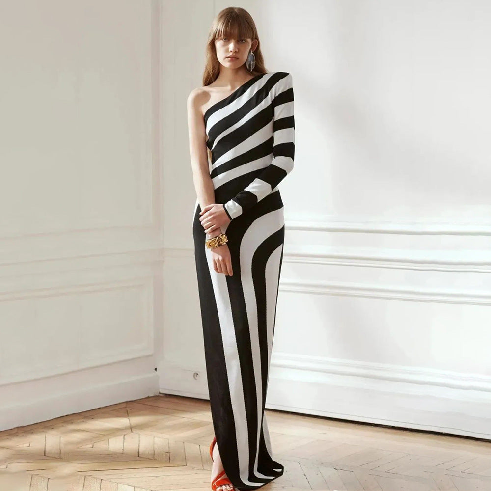 Women's Autumn Winter Black White Striped High Slit One-Shoulder Dress Simple In Bandage