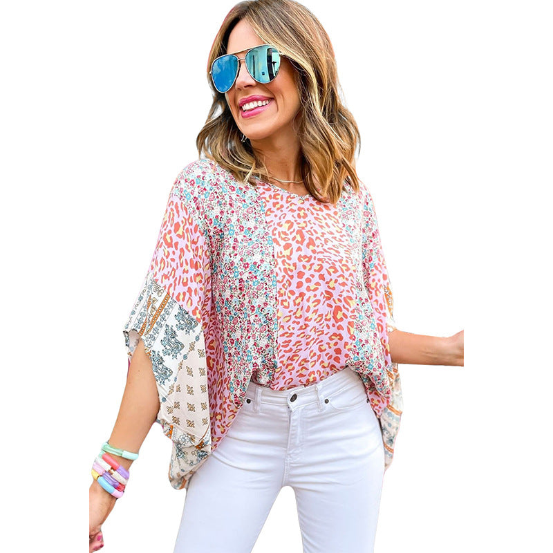 Women's Floral Contrast-Print Top – Three-Quarter Sleeve