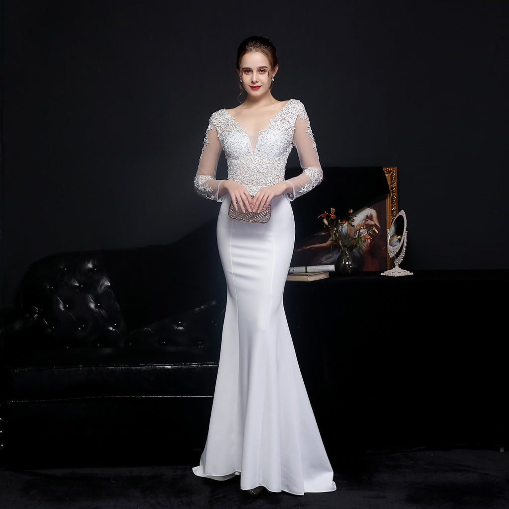 Women's Full Lace Diamond Bridal Long Sleeve Dinner Fishtail Evening Dress