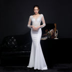 Women's Full Lace Diamond Bridal Long Sleeve Dinner Fishtail Evening Dress