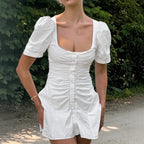 White Cotton Puff-Sleeve Mini Dress