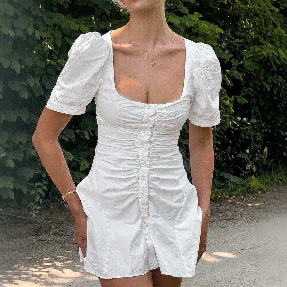 White Cotton Puff-Sleeve Mini Dress