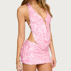 Women's Sequined Backless Lace Up Top and Skirt Two-Piece Set