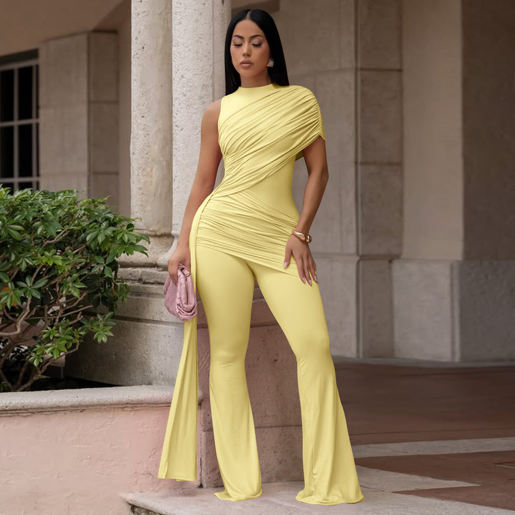 Women Clothing Summer round Neck One Shoulder Pleated