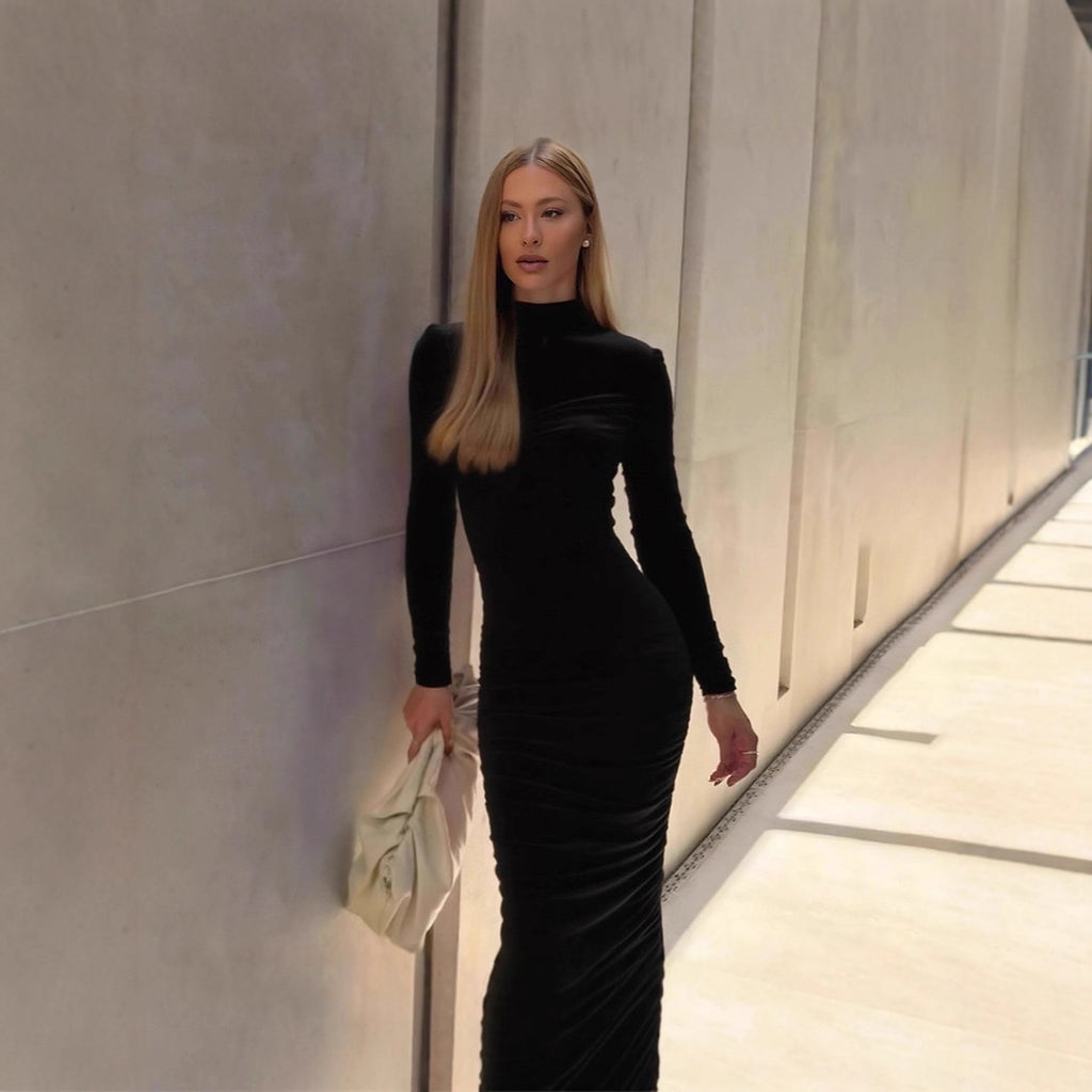 High-Neck Long-Sleeve Ruched Bodycon Maxi Dress