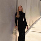 High-Neck Long-Sleeve Ruched Bodycon Maxi Dress