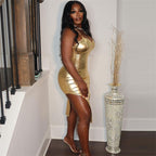 Bronzing Color Tube Top Waist Tight Irregular Asymmetric Dress