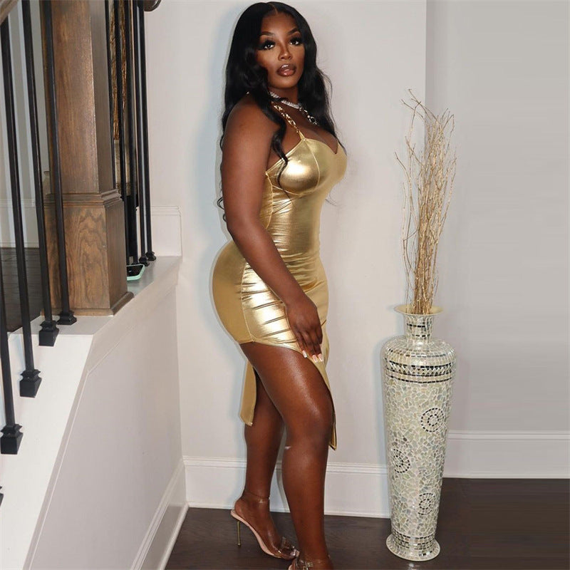 Bronzing Color Tube Top Waist Tight Irregular Asymmetric Dress