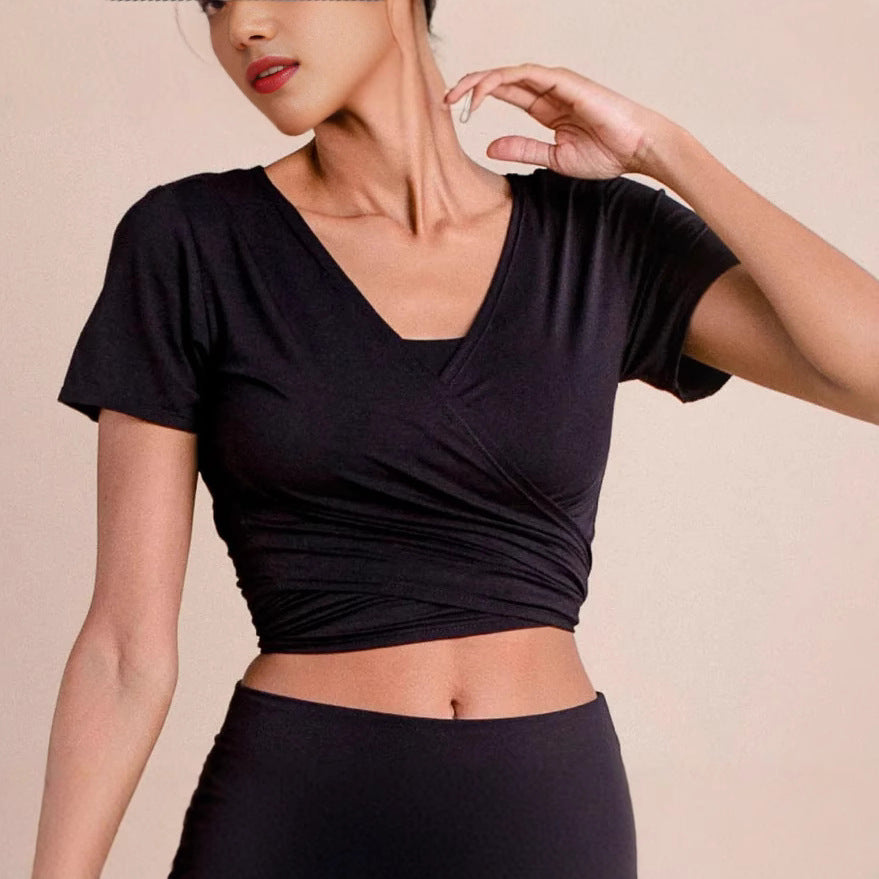 Women’s Black Tie Front V Neck Crop Top