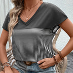 V-Neck Striped Patchwork Top