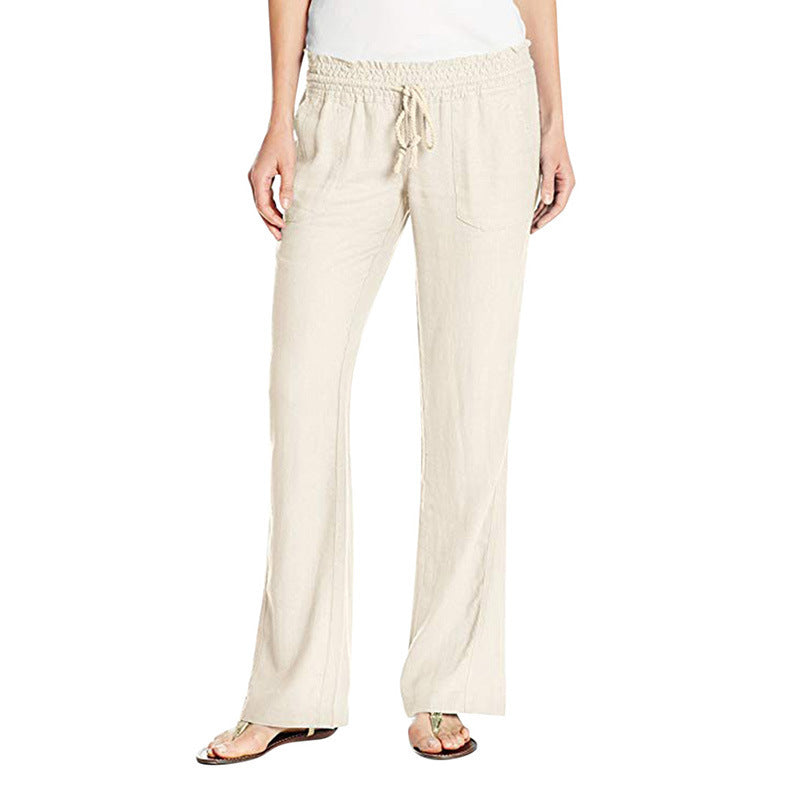 New Soft Cotton Linen Solid Color Tied Loose Pants