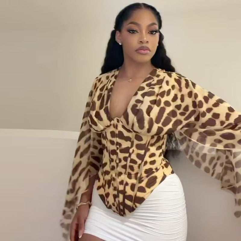Loose Leopard Print Design T-Shirt V neck Long Sleeve Asymmetric Short Top