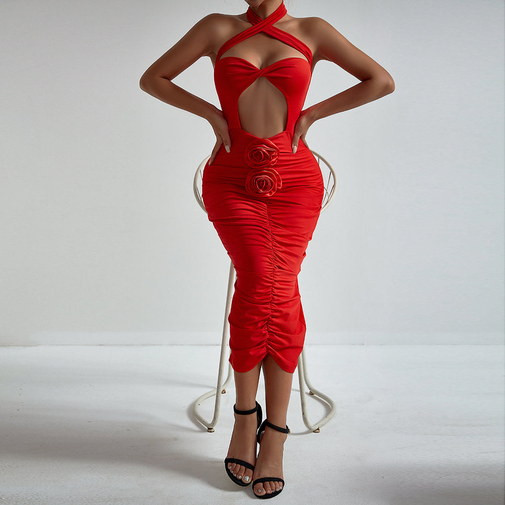 Fashionable Floral Cross Halter Hollow Out Cutout Chest Dress