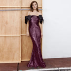 Women's Coffee Color Colorful Sequin Long Evening Dress Off-Shoulder Black Bow Cocktail