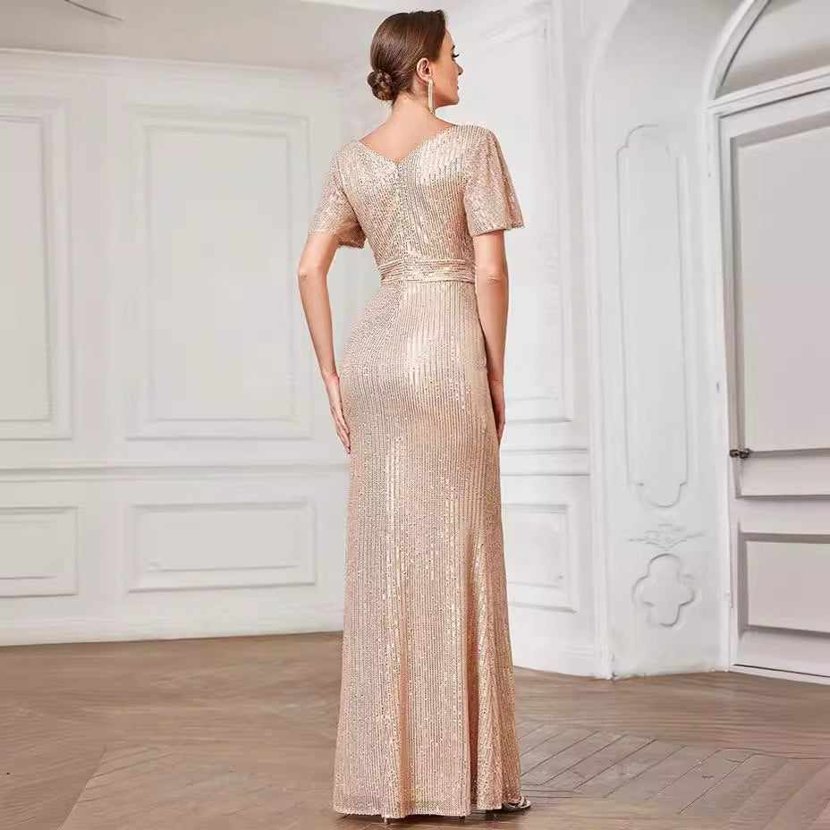 Women's Sequin V-Neck Split Evening Maxi Dress