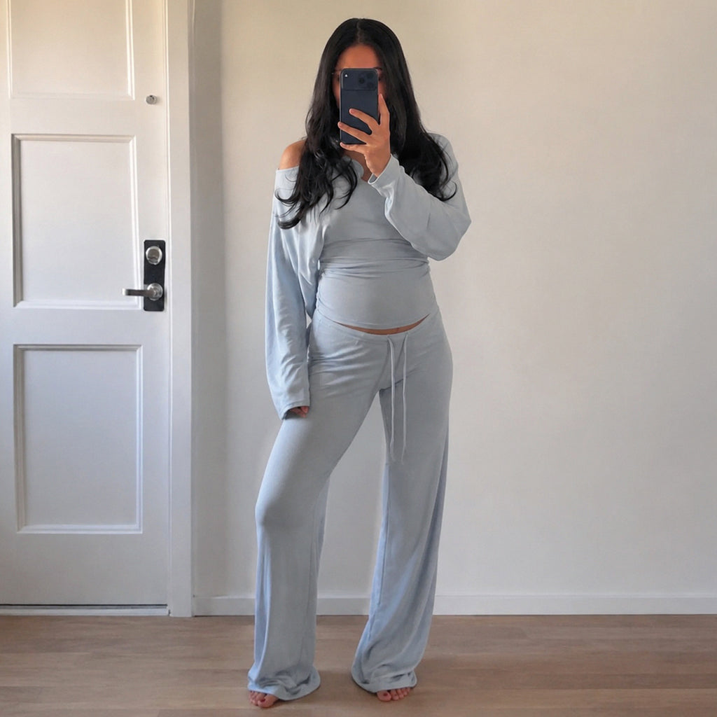Women's Solid Color Homewear Pajamas Diagonal Collar Off Shoulder Simple Casual Set Tight Waist Long Sleeve Elastic Trousers Two Piece Set
