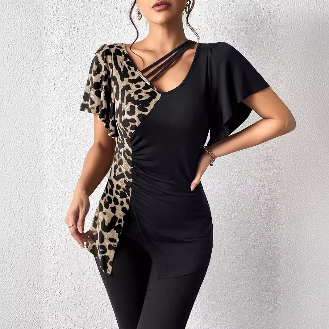 Women's Popular Leopard Print Asymmetric Collar Butterfly Sleeve Patchwork Top Women