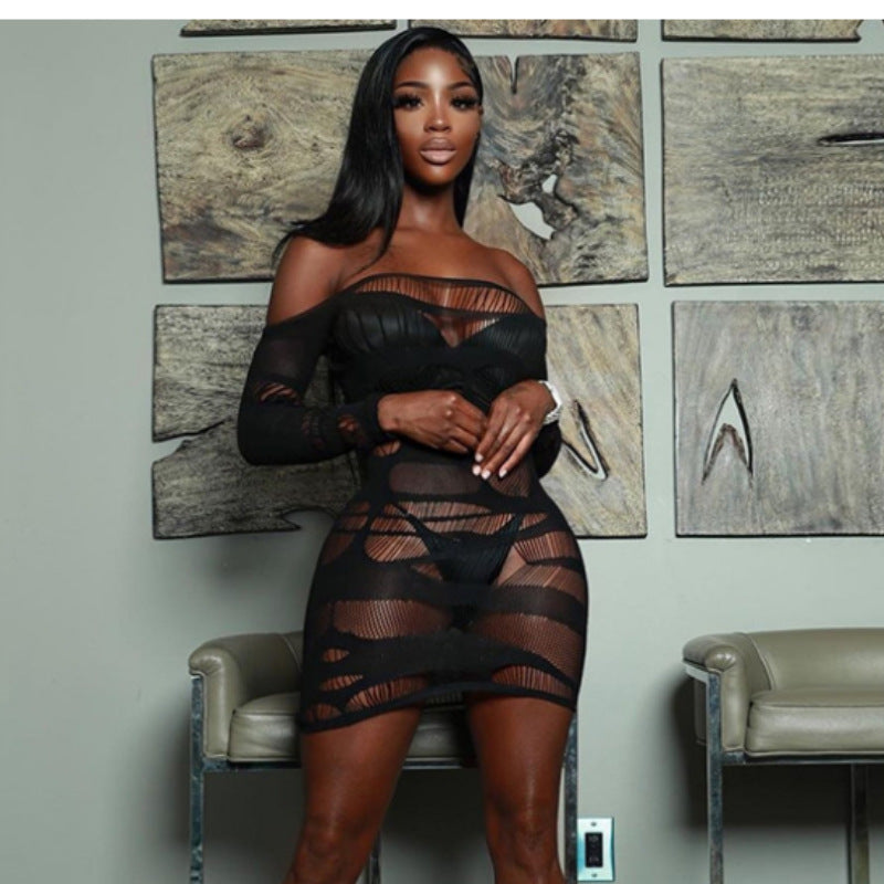 Solid Color Long Sleeve Cutout Mesh Stitching See Through Hip D