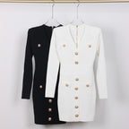 V-Neck Long-Sleeve Knit A-Line Mini Dress