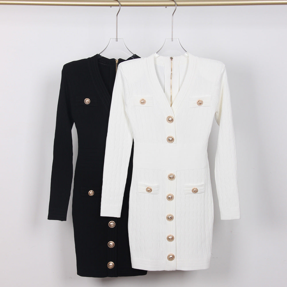 V-Neck Long-Sleeve Knit A-Line Mini Dress