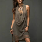 Halter cami dress in taupe, draped cowl neckline, sleeveless, knee-length
