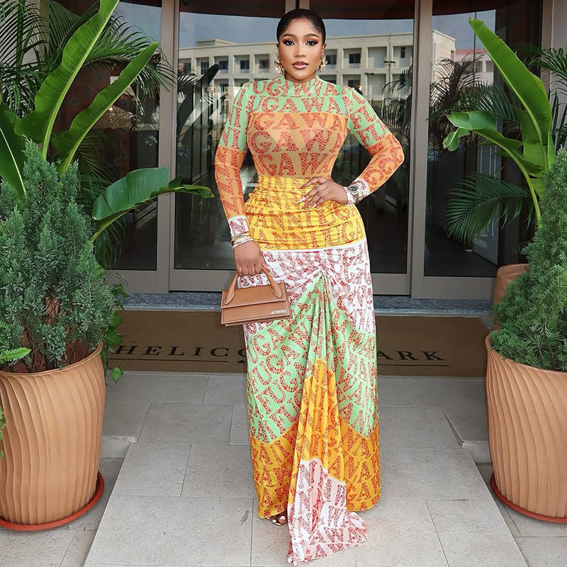 Printed Elegant Office Waist Hip High Collar Long Sleeve Skirt Dress