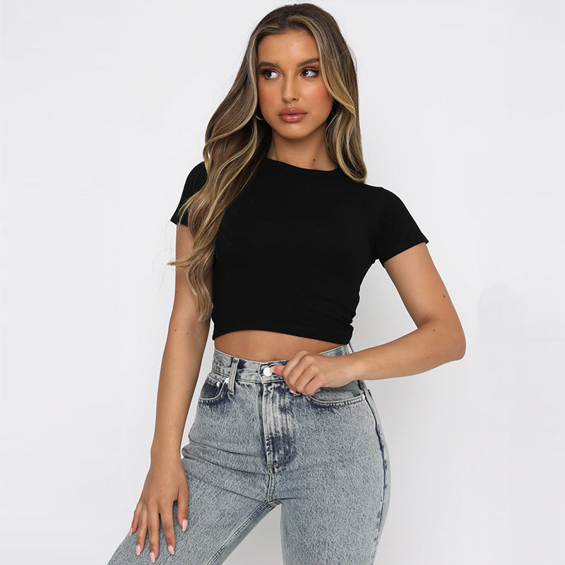 Women's Summer Women Solid Color Short Cropped Top Cotton Stretch Slim Round Neck T-Shirt For Women