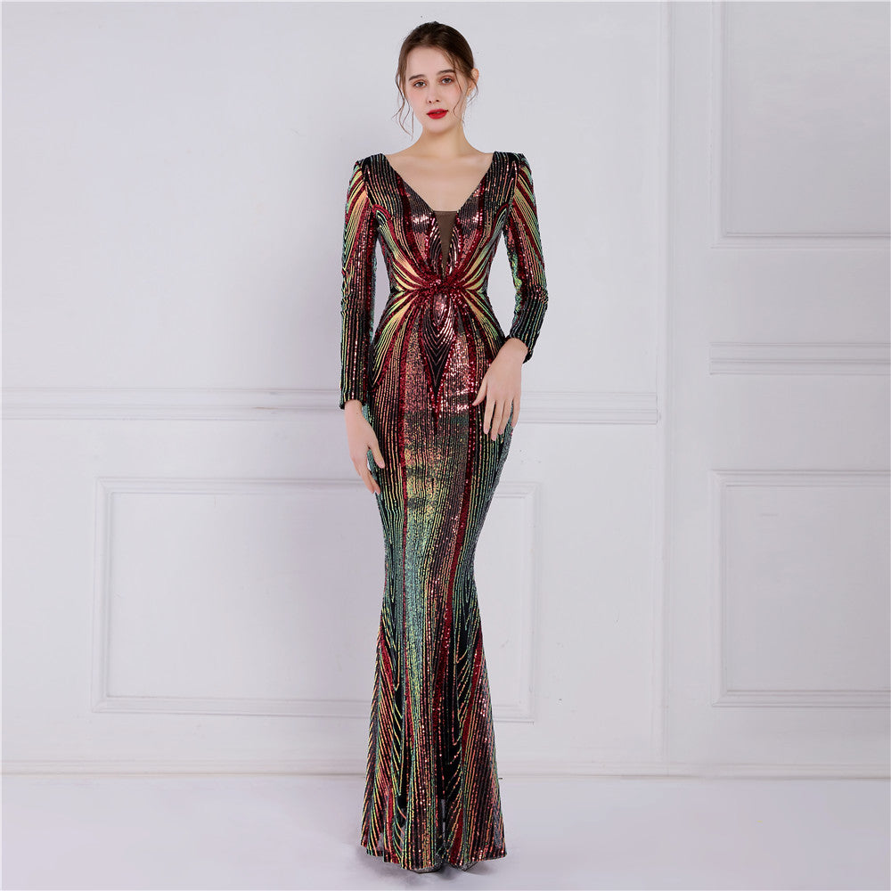 Women's Floral Sequin Evening Dress Banquet Elegant Long Sleeve Sequin Queen