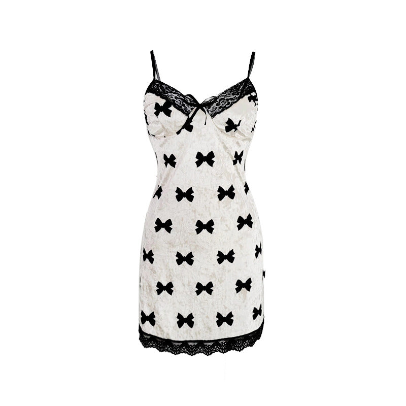 Women's Black And White Velvet Bow Nightdress