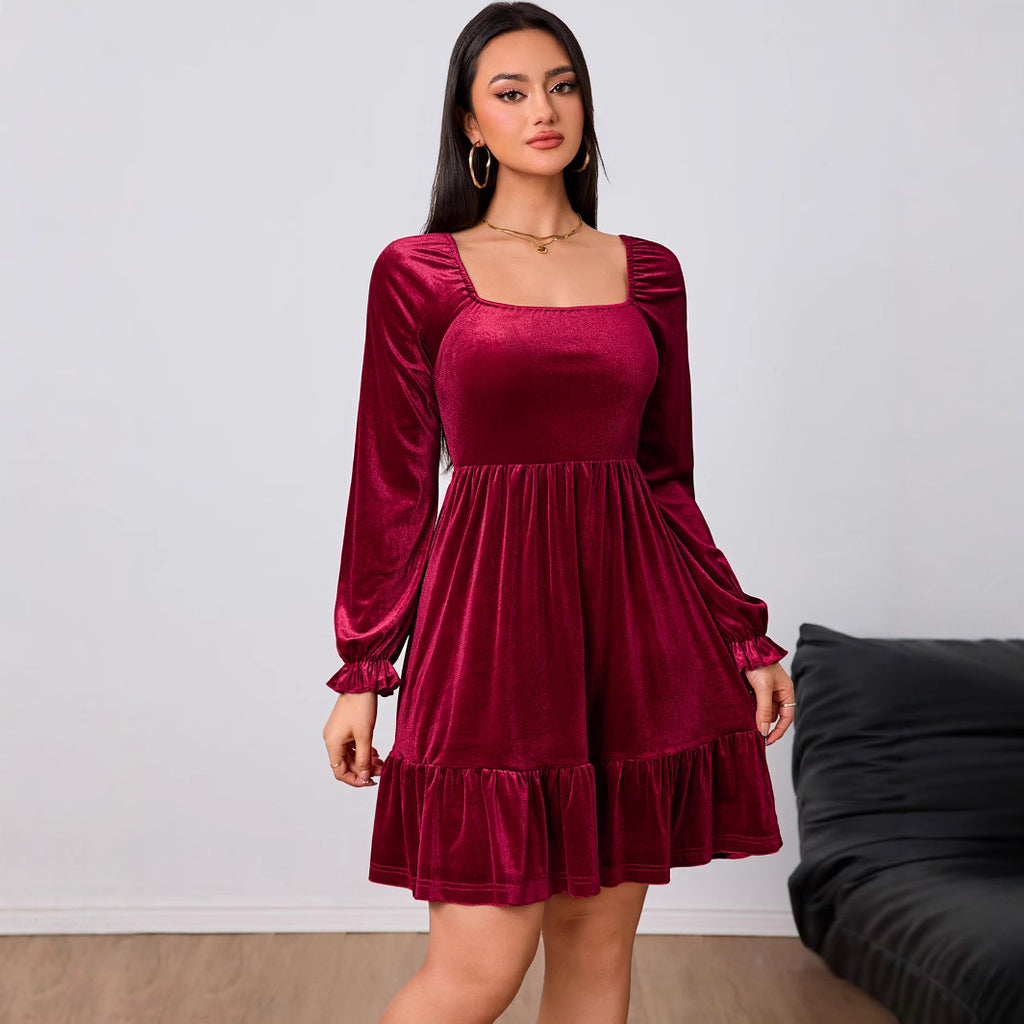 Women's Wine Red Velvet French Midi Dress