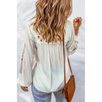 Women's Floral Embroidered V Neck Pullover Shirt Women Tassel Lace Up Long Sleeve Chiffon