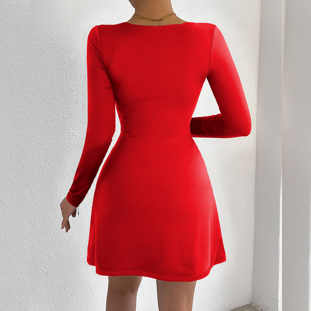 Square-Neck Long-Sleeve Split A-Line Mini Dress