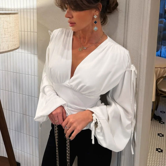 Women's White Lace-Up V-Neck Long-Sleeve Top