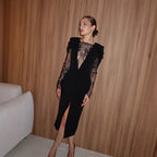 Floral Lace V-Neck Long-Sleeve Split Bodycon Maxi Dress