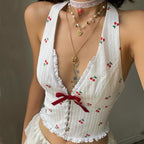 Women's Cherry-Print Halter V-Neck Vest Top