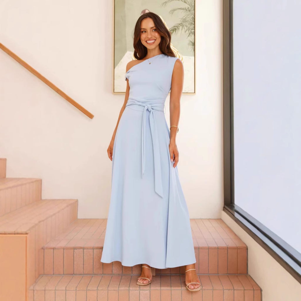 Women's One-Shoulder Asymmetric Belted Office Dress