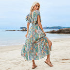 Women's V-Neck Backless Rayon Ruffle Sleeve Split Bohemian Holiday Dress