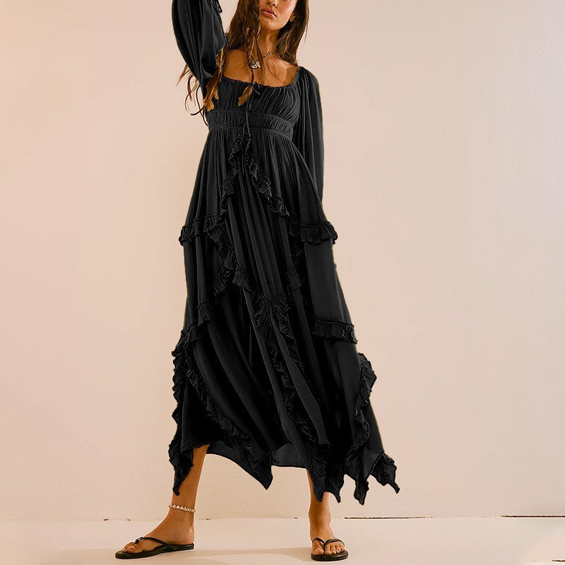 Women's Ruffled Smocked Slit A-Line Maxi Dress