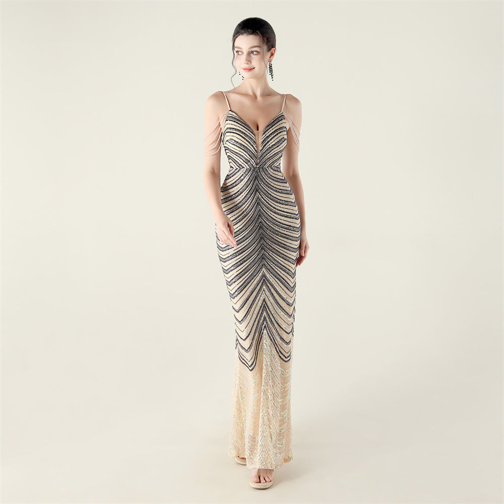 Women's Deep V Plunge Neck Wave Gradient Sequin Evening Dress