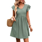 Olive green short sleeve V-neck dress with ruffle sleeves and gathered skirt