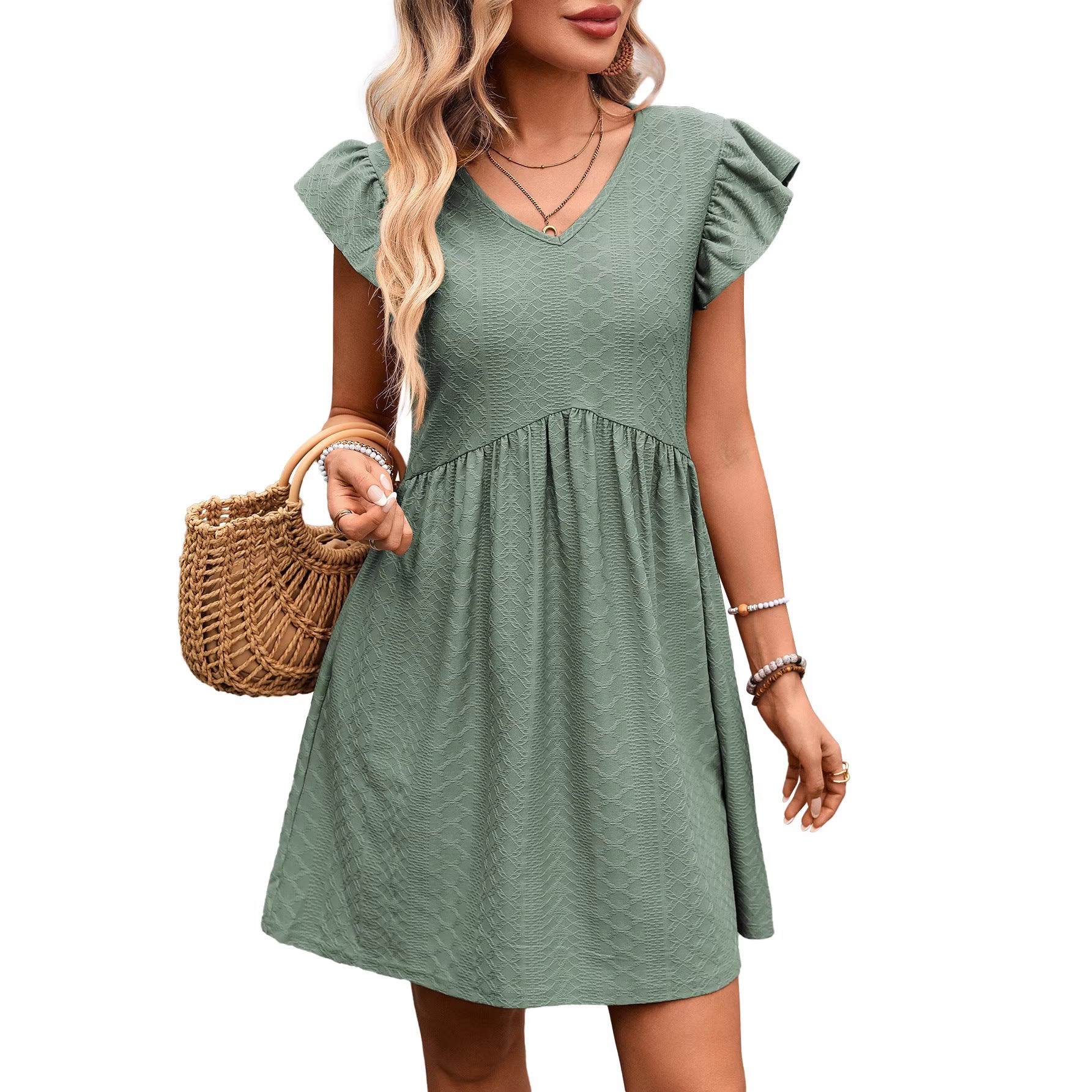 Olive green short sleeve V-neck dress with ruffle sleeves and gathered skirt