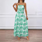 Women's Halter Tropical Belted Ruched Backless Dress