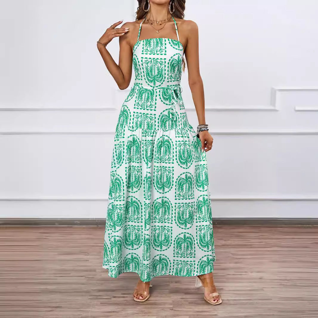 Women's Halter Tropical Belted Ruched Backless Dress